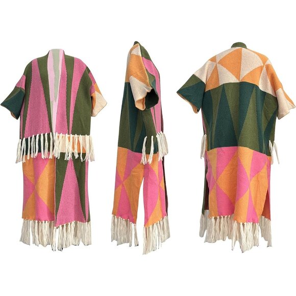 Women's Tassel Sweater Open Front Fringe Colorful Long Cardigan Poncho Sweater - Picture 5 of 6